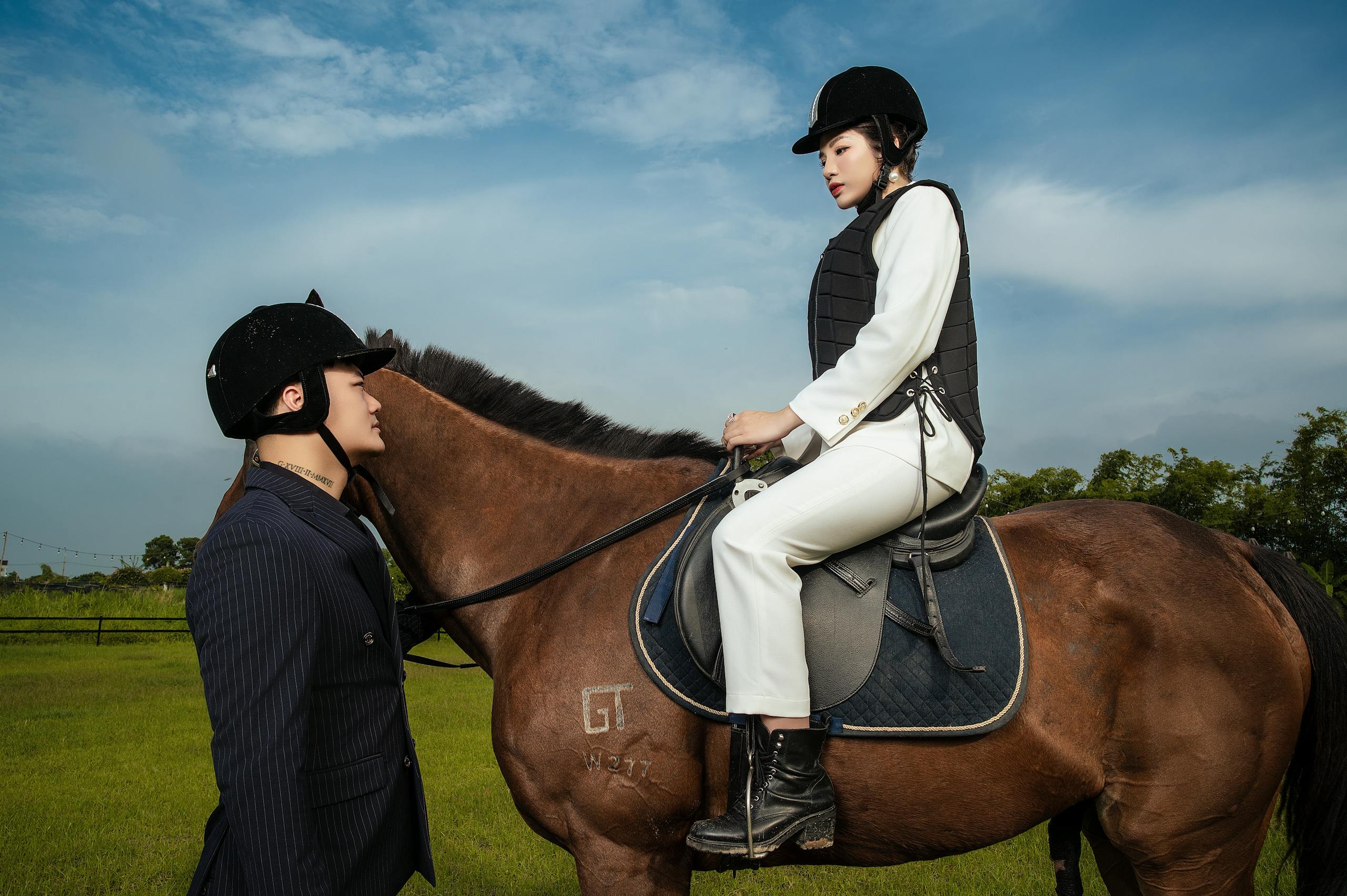 A person interacting with a horse and rider outdoors, showcasing equestrian elegance and style.